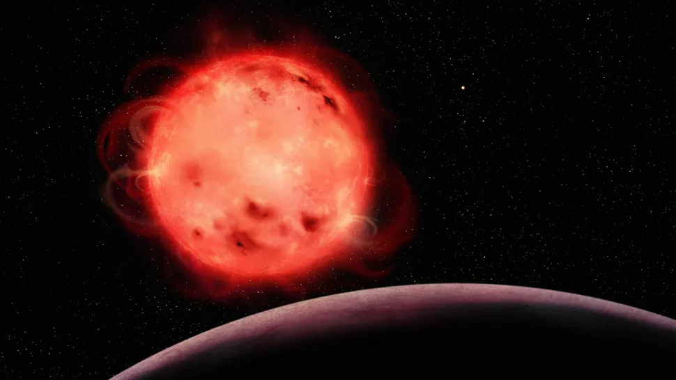 An artist's impression of the TRAPPIST-1 red dwarf star, with the planet TRAPPIST-1 b in the foreground. 